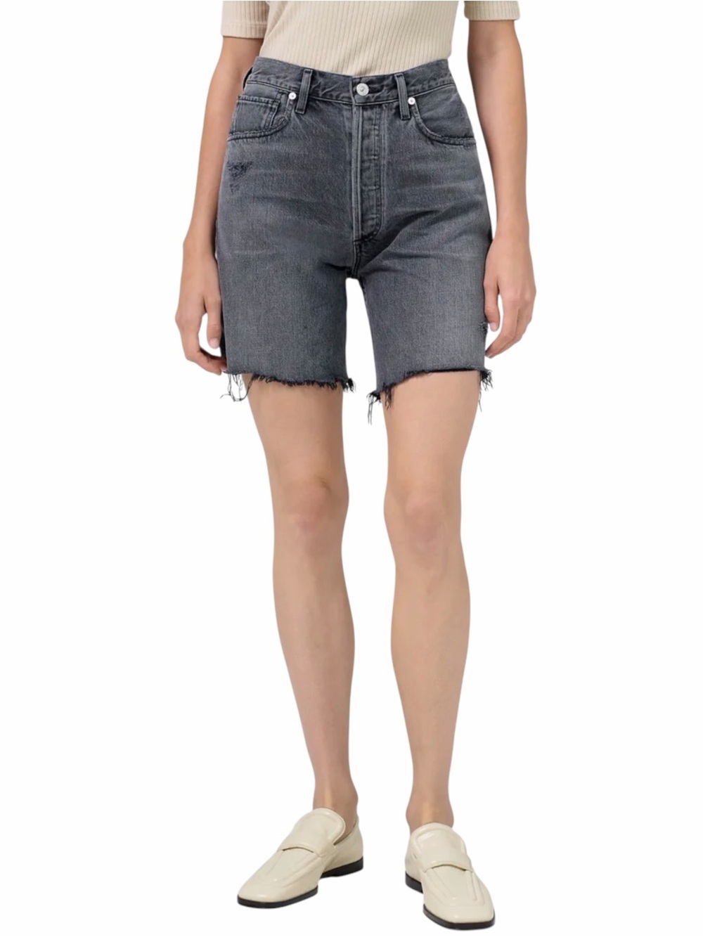 Citizens of Humanity Camilla High-Rise Mid-Thigh Denim Cut-Off Shorts Grey Sz 25